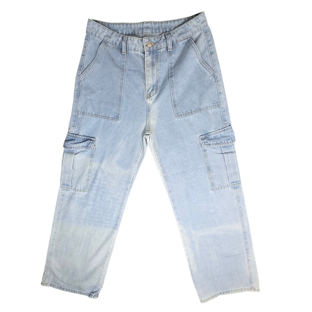 SHEIN Light Wash High Rise Straight Leg Cargo Jeans Light Blue Denim Size M